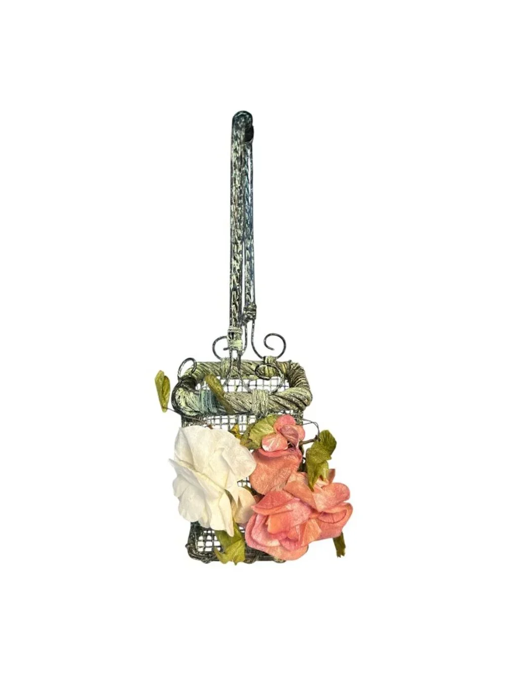 Vintage Metal Mesh Basket Purse Pink White Roses Victorian Shabby Chic Decor